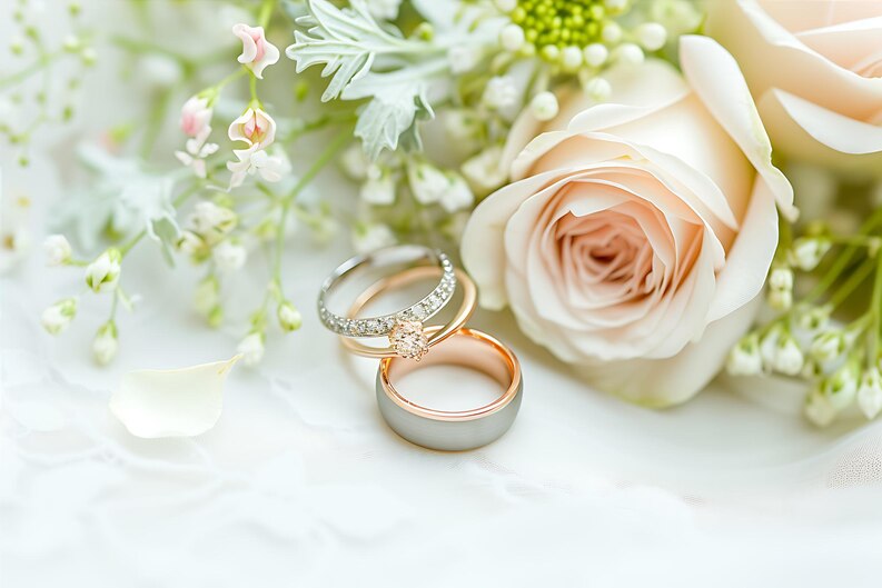 Alliances de mariage posées sur des fleurs