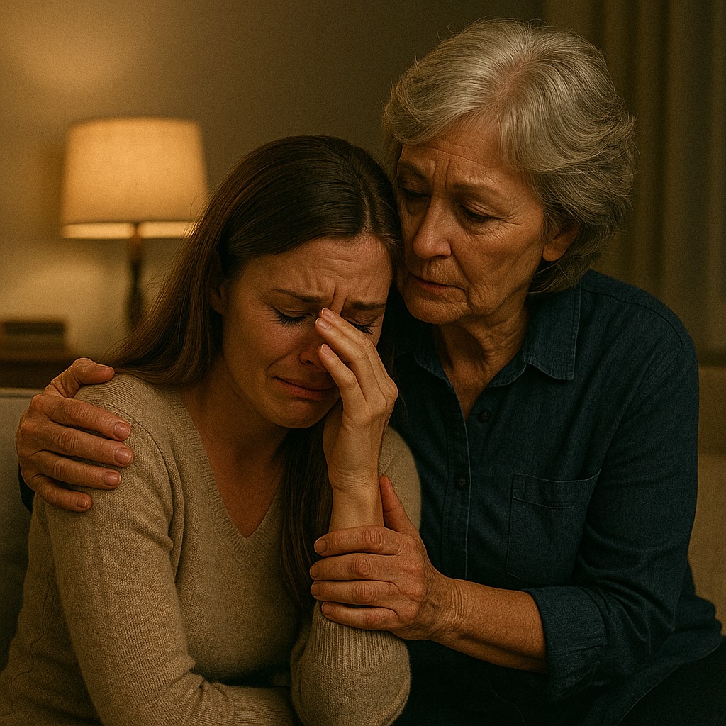Mère et fille enlacées dans un intérieur chaleureux