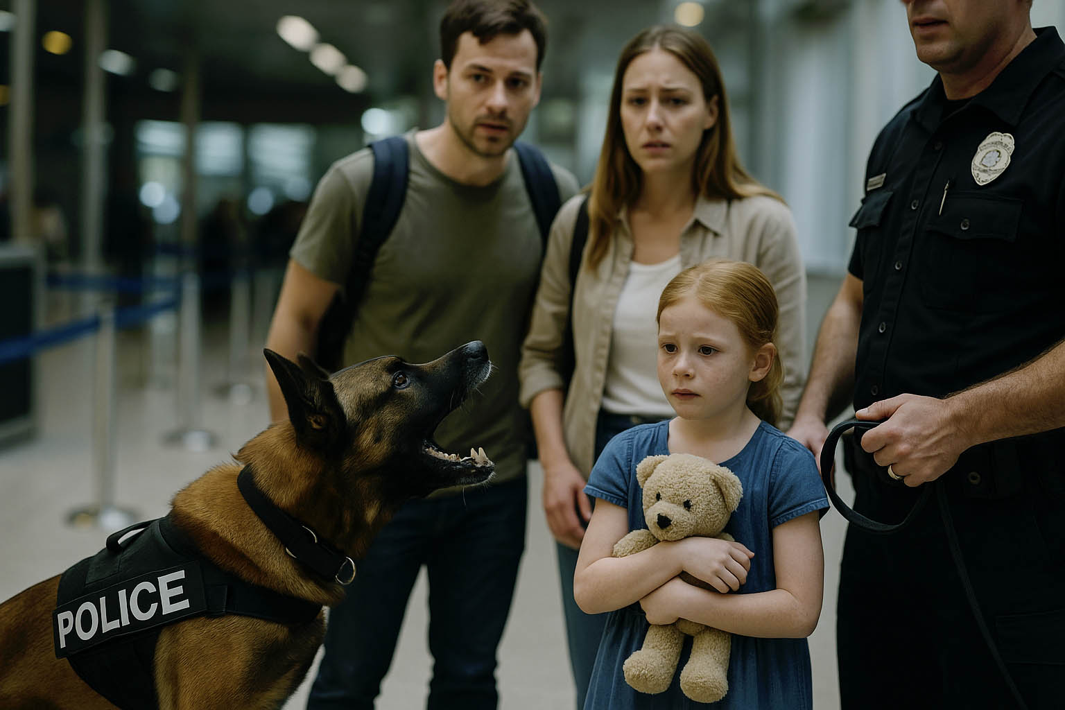 La fillette serrant son ours et le chien policier