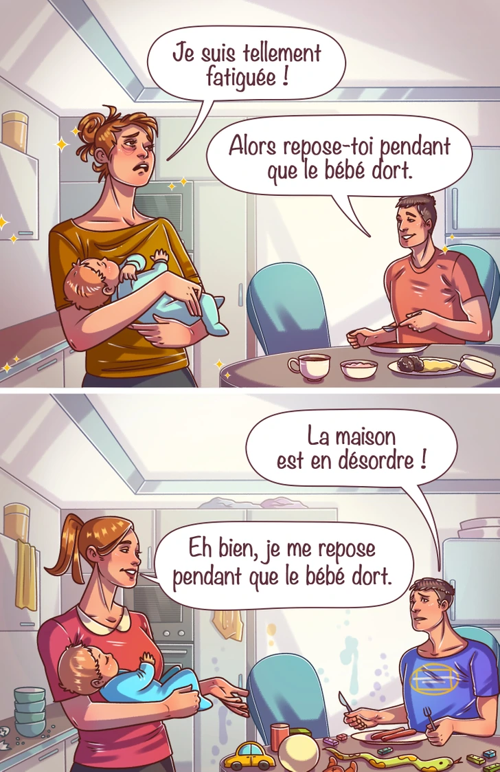 Jeune mère épuisée regardant son bébé endormi