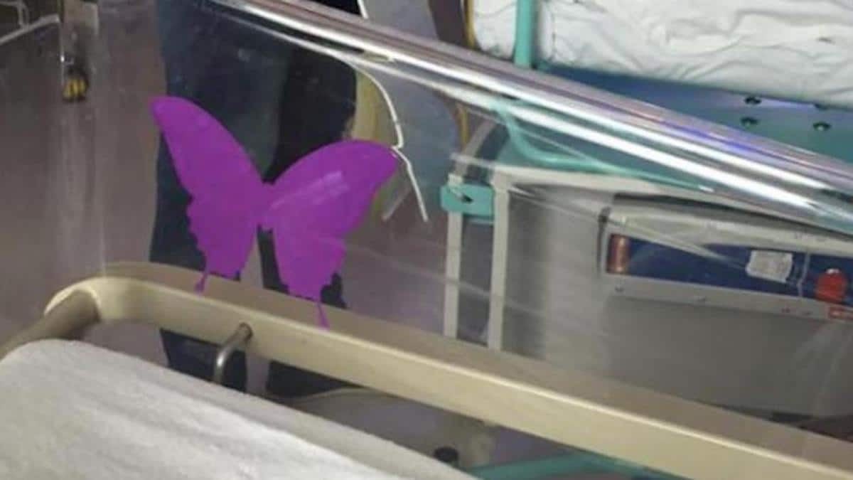 Chambre d'hôpital avec berceau et autocollant papillon violet