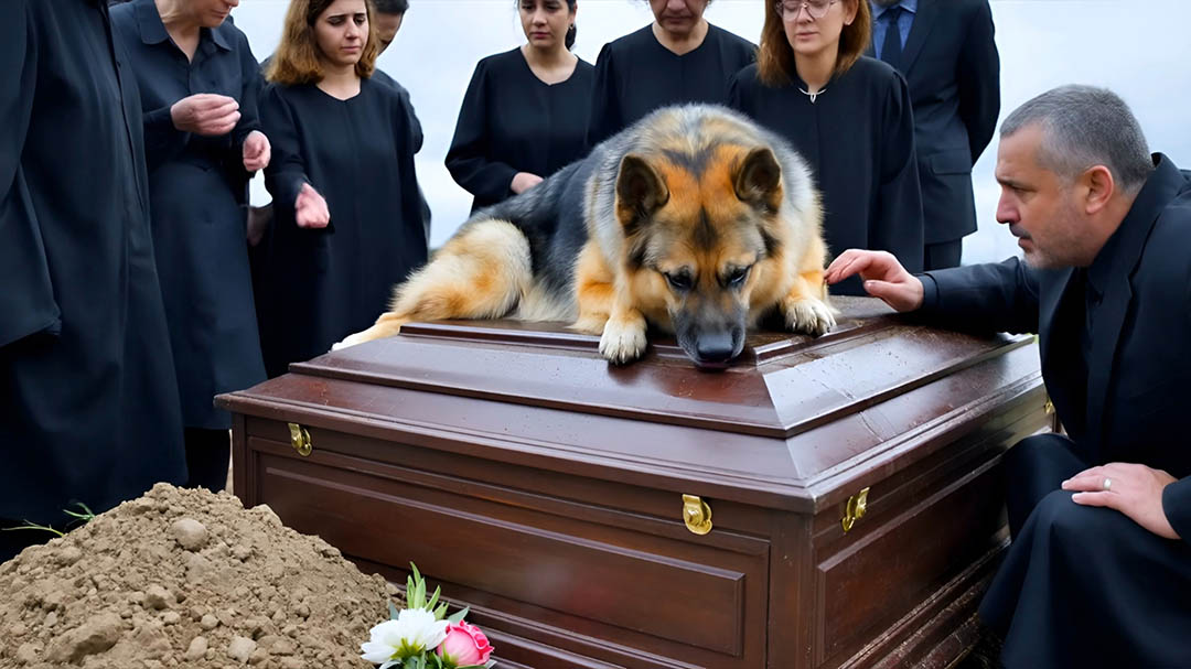 Chien blanc appuyé contre un cercueil