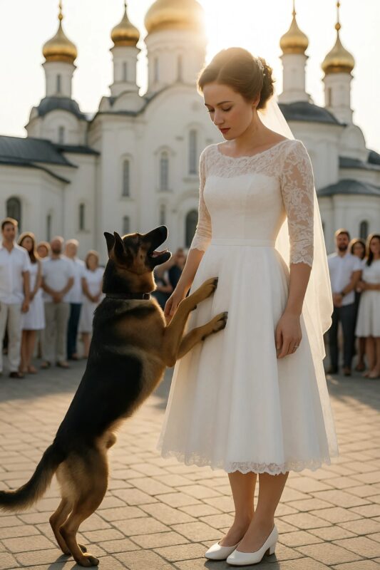 Femme en robe de mariée tenant son chien malade