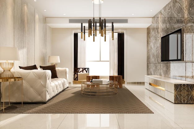 Intérieur luxueux avec canapé en cuir et éclairage design