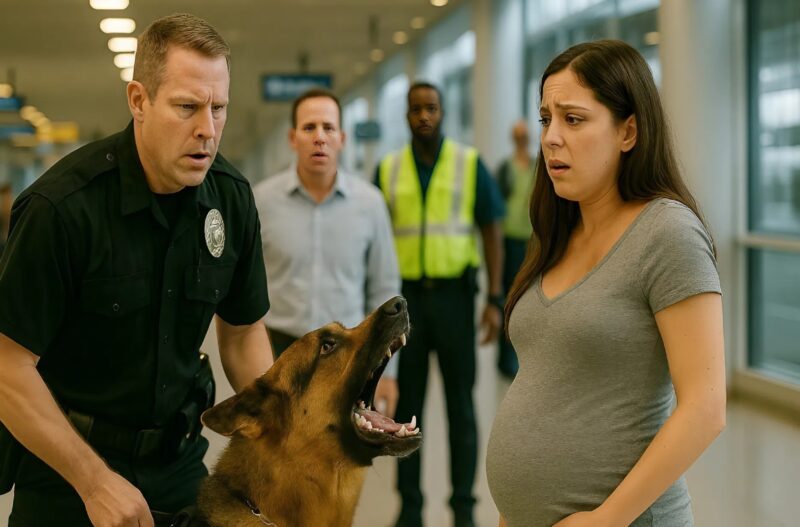 Chien policier alertant une femme enceinte