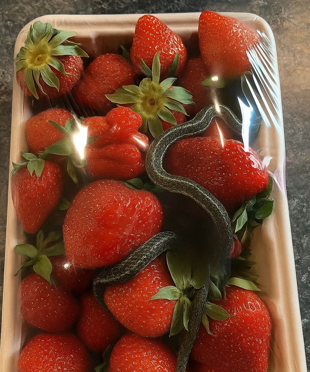 Barquette de fraises avec un élément insolite