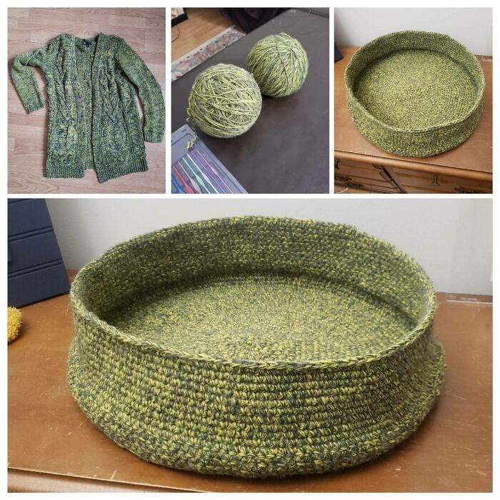 Niche pour chat confectionnée à partir d'un cardigan