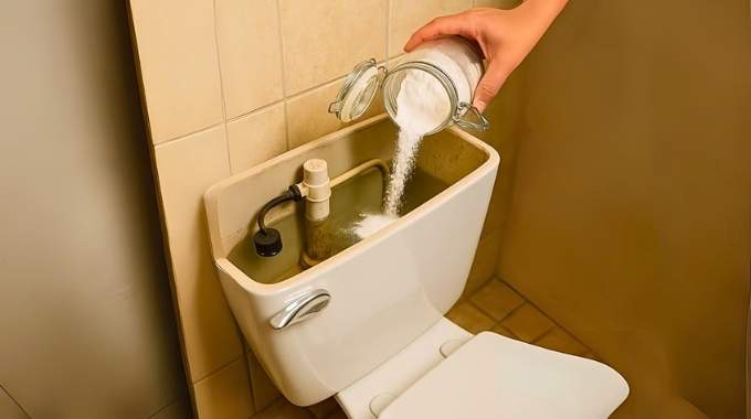 Bicarbonate versé dans un réservoir de toilettes