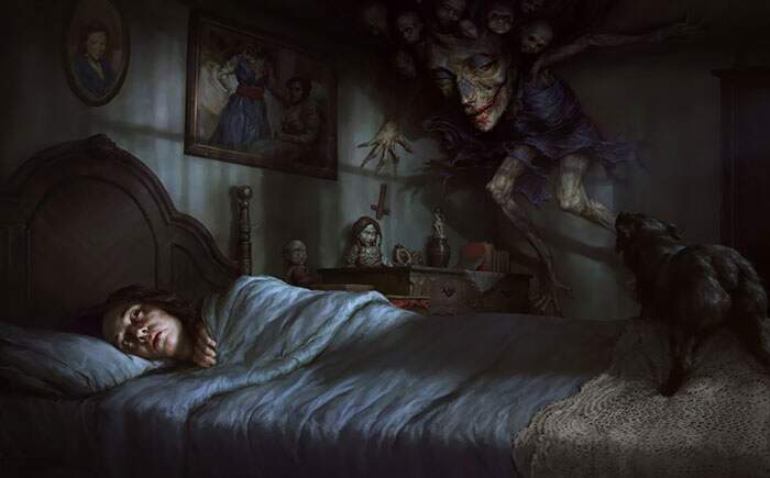 Représentation artistique d'une présence durant la paralysie du sommeil