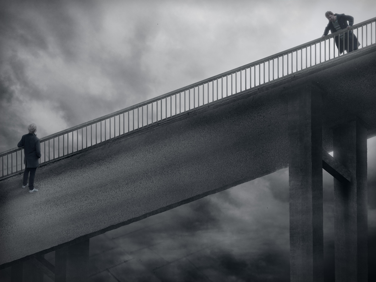 Image d'illusion d'optique avec plusieurs personnages autour d'un pont