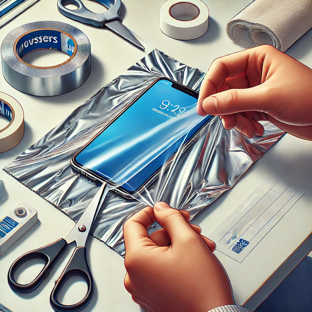 Illustration montrant un smartphone avec du papier aluminium posé délicatement sur son écran