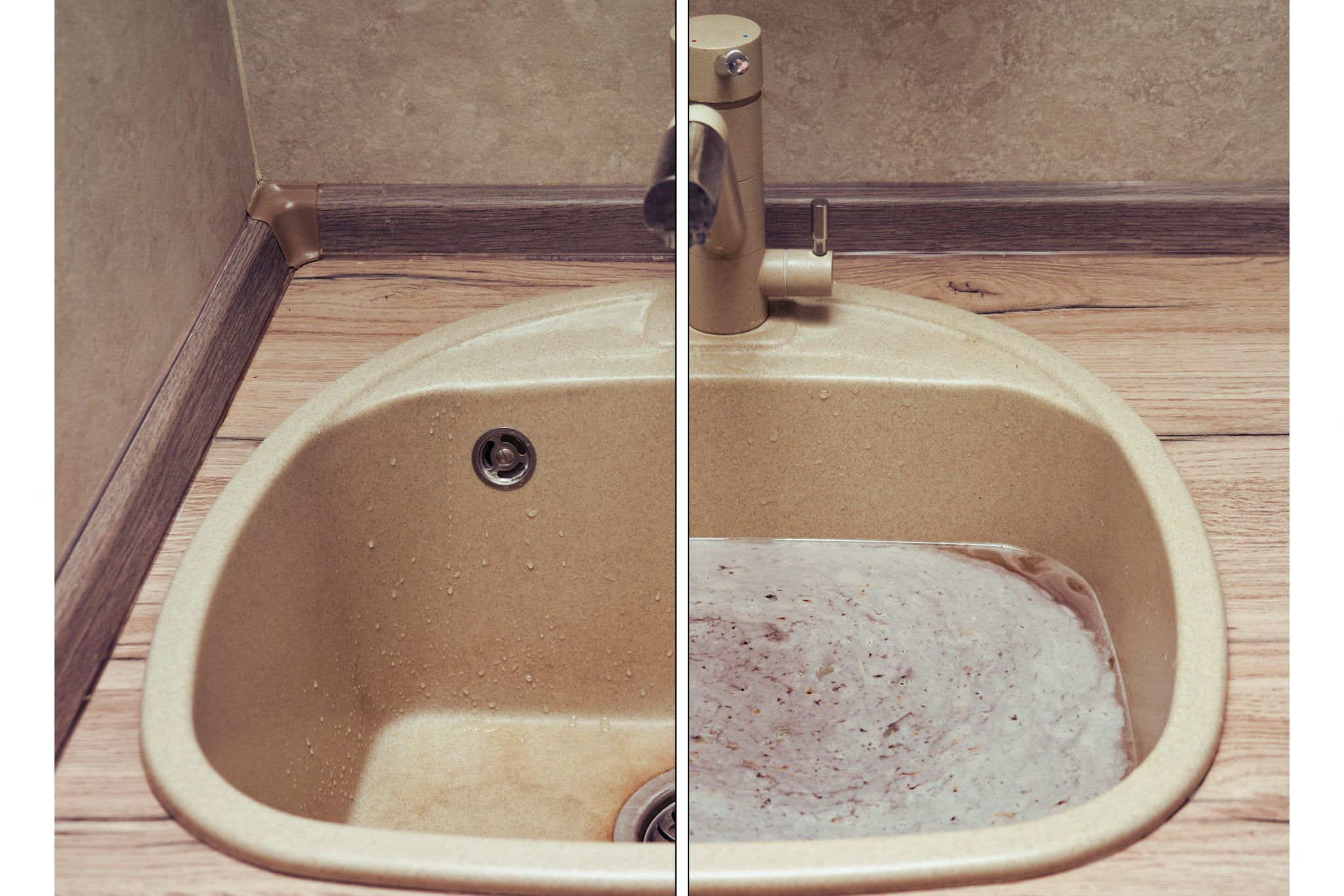 Ingrédients pour déboucher : bicarbonate, vinaigre, sel et bouteille