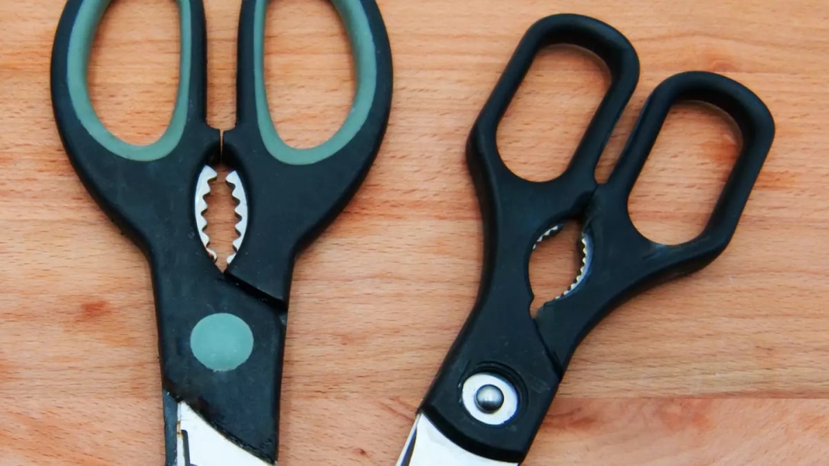 Ciseaux de cuisine posés sur un plan de travail avec des herbes