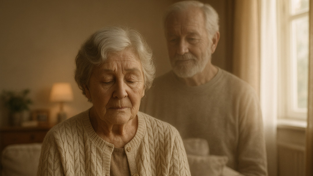 Une femme pensive, tenant une tasse, dans une ambiance douce et intime.