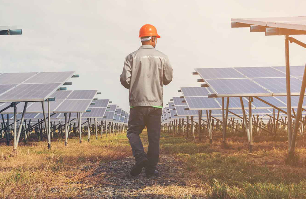 Panneaux solaires et éoliennes dans un paysage, symbolisant les énergies renouvelables et la transition écologique