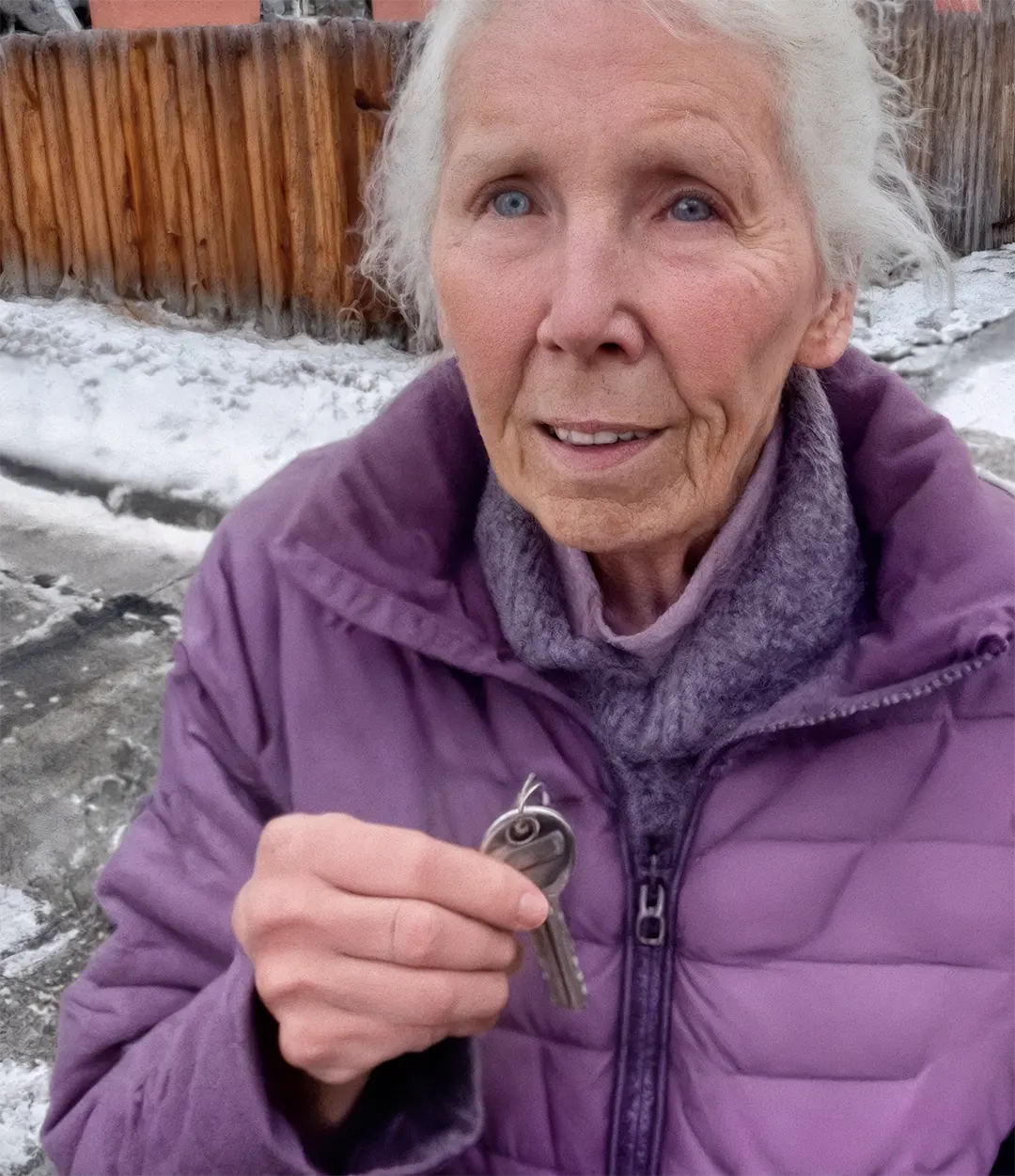 Une femme tenant une vieille clé, le regard empreint de doute et de tristesse