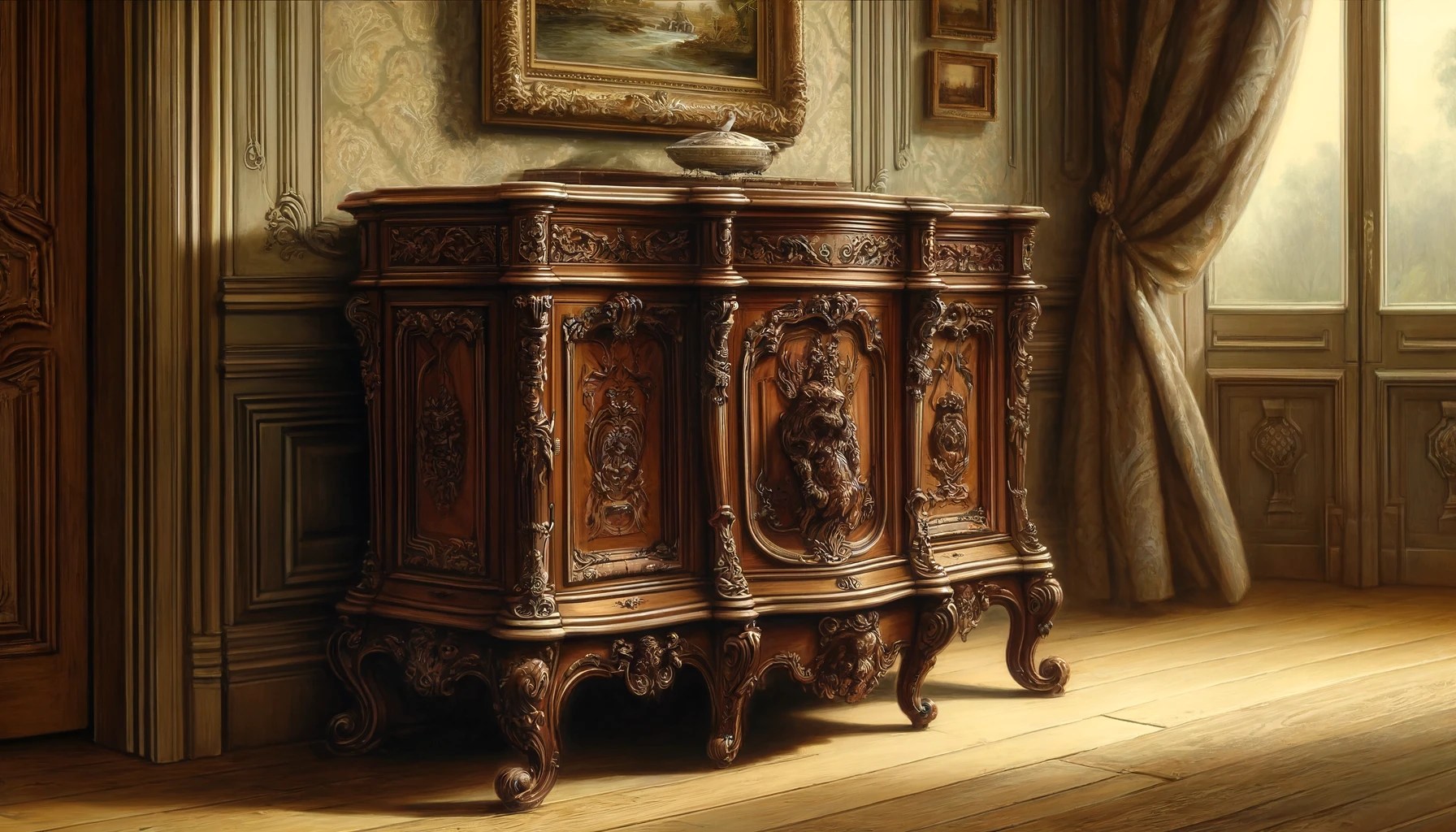 Détail d'un vieux buffet en bois montrant une signature gravée sous le vernis