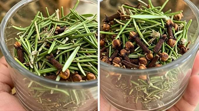 Branches de romarin frais et clous de girofle sur une planche en bois