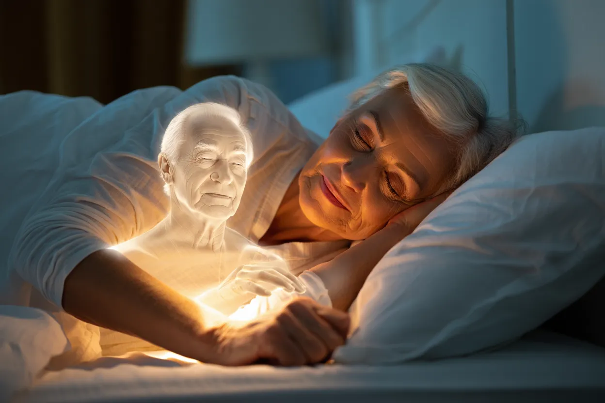 Femme pensive au réveil, évoquant un rêve réaliste